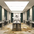Luxurious Jewelry Store Interior With Glass Display Cases Green Walls Bright Lighting And Patterned Carpet