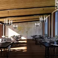 Spacious Bright Restaurant Interior With Wooden Ceiling Chandeliers World Map Wall And Large Windows