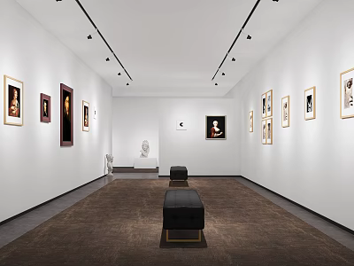 Modern Exhibition Hall Interior With White Walls Framed Paintings Black Benches And Track Lights 3d model