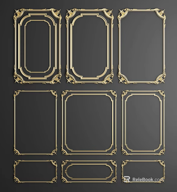 Golden Decorative Lines Ornate Frames On Black Background Interior Design Elements 3d model 