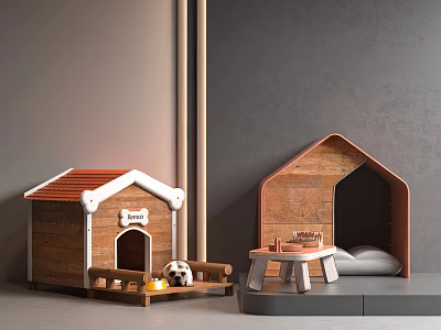 Stylish Pet Furniture With Wooden Dog House And Cozy Cat Bed Design 3d model