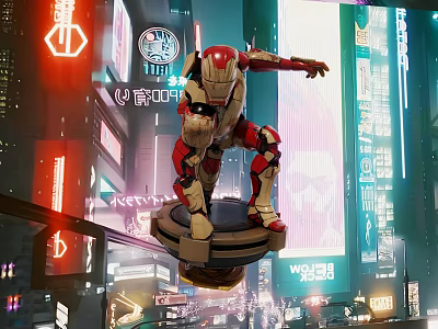 Cyberpunk Man in Red White Mech Suit Standing on Platform in Futuristic Neon City 3d model