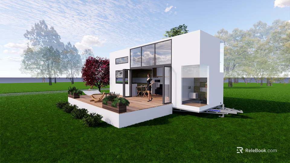 Modern Mobile House With White Exterior Large Windows And Glass Doors On Green Lawn 3d model 