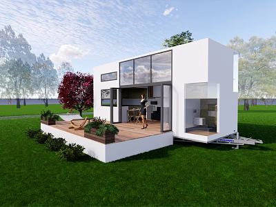 Modern Mobile House With White Exterior Large Windows And Glass Doors On Green Lawn 3d model