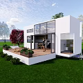 Modern Mobile House With White Exterior Large Windows And Glass Doors On Green Lawn