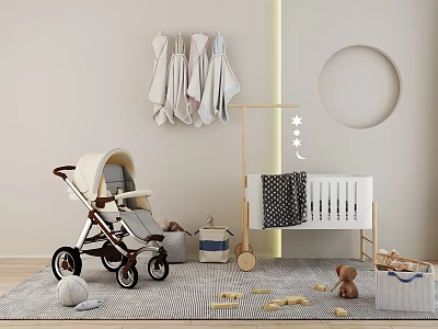 Cozy Nursery Room Interior With Crib Stroller Hanging Clothes Circular Wall Decor And Storage Basket 3d model