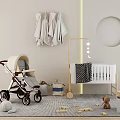 Cozy Nursery Room Interior With Crib Stroller Hanging Clothes Circular Wall Decor And Storage Basket