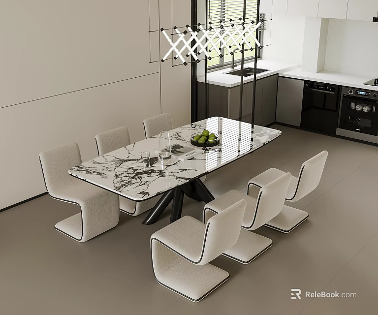 Modern Dining Table Set With Marble Top And Upholstered Chairs In Open Kitchen 3d model