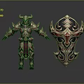Intricate Horned Armor And Decorative Shield Design With Gold Red Accents And Ornate Patterns