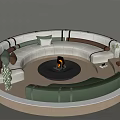 Round Sectional Sofa With White And Green Upholstery Fire Pit And Decorative Pillows