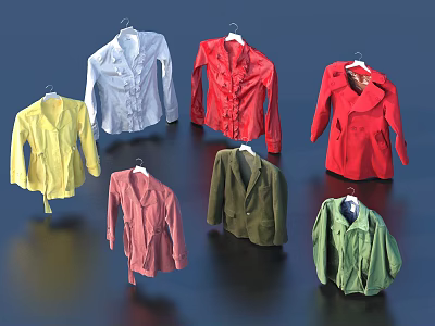 Various Colorful Clothes In Different Styles Hanging On Hangers Displayed 3d model