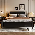 Classic Bedroom Interior With Black Bed Frame Chandelier Decorative Paintings Dark Wardrobes And Bedside Lamps
