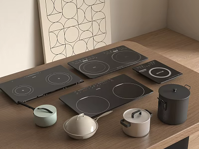 Modern Black Induction Cooktops with Various Colorful Pots on Wooden Kitchen Counter 3d model