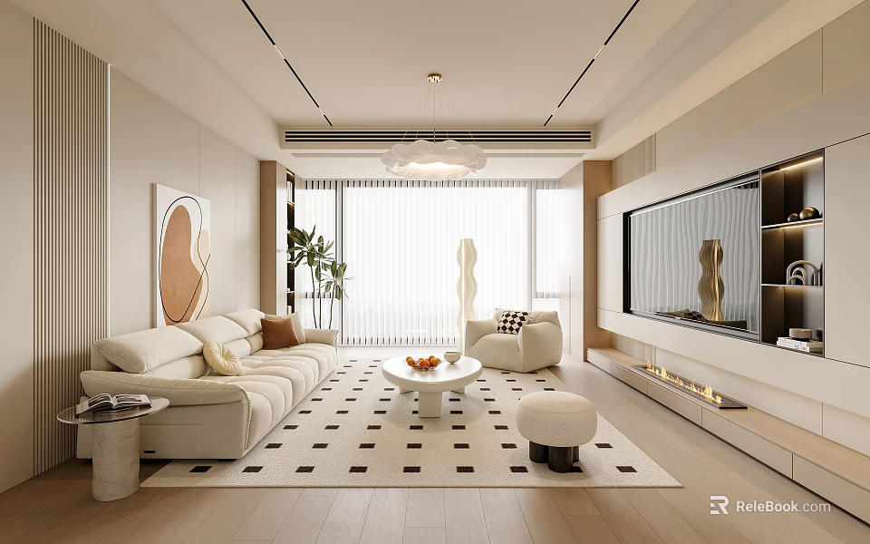 Modern Living Room Interior With Beige Sofa Round Coffee Table And Floor To Ceiling Windows 3d model 