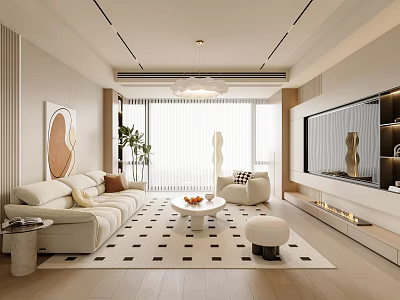 Modern Living Room Interior With Beige Sofa Round Coffee Table And Floor To Ceiling Windows 3d model