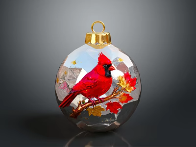 Christmas Ornament Featuring Red Cardinal Bird Maple Leaves On Transparent Sphere With Golden Hanger 3d model