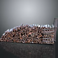 Stacked Wood Logs Pile Next To Stone Blocks In Dark Reflective Background