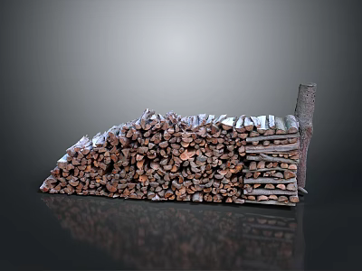 Stacked Wood Logs Pile Next To Stone Blocks In Dark Reflective Background 3d model