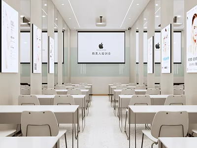 Modern Meeting Room Interior With White Tables Chairs Projection Screen And Wall Posters 3d model