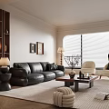 Living Room Interior Design Featuring Black Leather Sofa Wooden Bookshelf Large Window Blinds And Armchairs