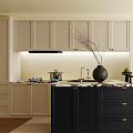 Modern Kitchen Interior Design With White Cabinets Black Island Vase Fruits And Black Bar Stools