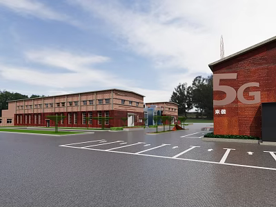 Red Brick Industrial Factory Building With 5G Signage Parking Lot Green Trees And Clear Sky 3d model