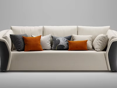 Three Seater Beige Sofa with Black Armrests and Orange Grey White Patterned Accent Pillows 3d model
