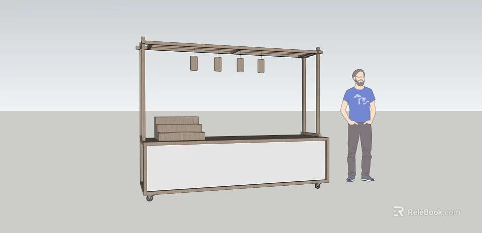 Wooden Mobile Vendor Stall With Hanging Lanterns Counter Top And Nearby Person 3d model 