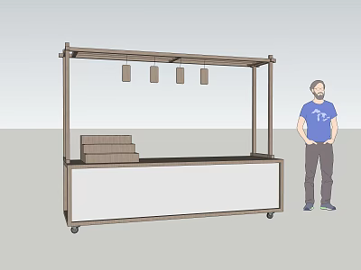Wooden Mobile Vendor Stall With Hanging Lanterns Counter Top And Nearby Person 3d model