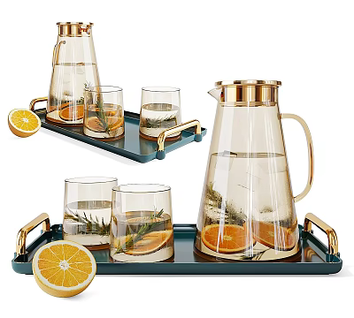 Elegant Glass Tea Set with Gold Handles Dark Tray Lemon Slices and Rosemary 3d model