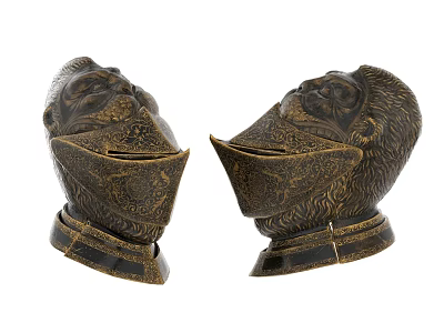Pair of Bronze Monkey Head Shaped Decorative Hats with Intricate Carved Texture 3d model