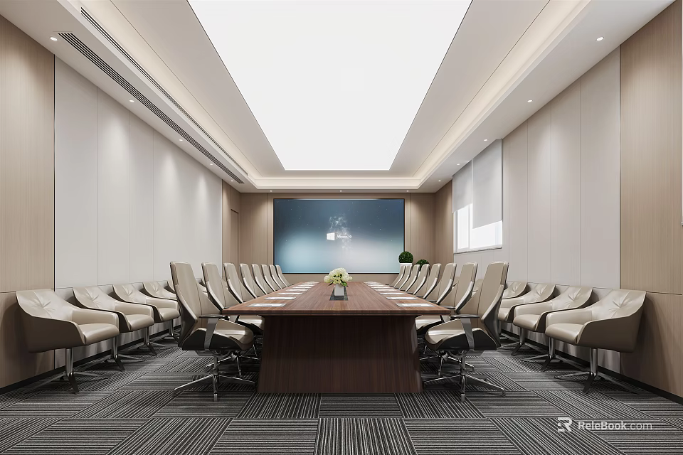 Modern Meeting Room with Long Conference Table Multiple Chairs Large Screen Lighting and Floor Design 3d model 