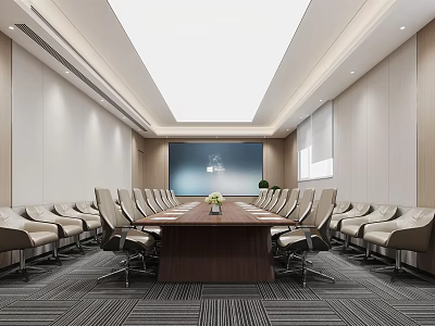 Modern Meeting Room with Long Conference Table Multiple Chairs Large Screen Lighting and Floor Design 3d model