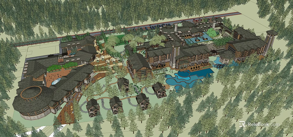 Rustic Hotel Architecture in Forest Setting With Swimming Pool and Water Features 3d model