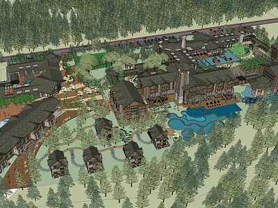 Rustic Hotel Architecture in Forest Setting With Swimming Pool and Water Features 3d model