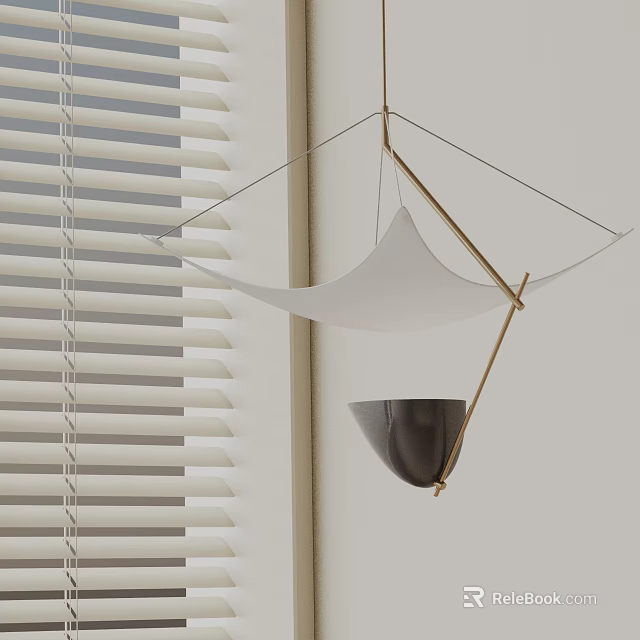 Modern Chandelier With Golden Frame White Fabric Shade And Black Bowl Near Window Blinds 3d model 