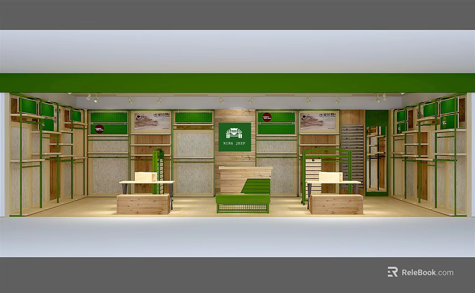 Elegant Retail Store Interior Featuring Green Accents Wooden Shelves And Display Tables 3d model 