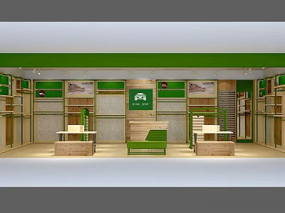 Elegant Retail Store Interior Featuring Green Accents Wooden Shelves And Display Tables 3d model
