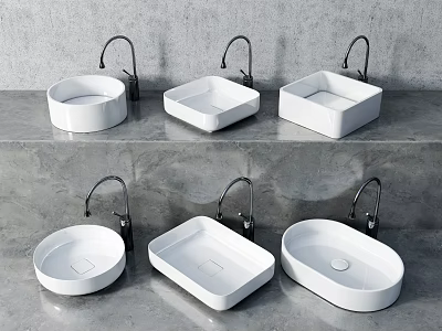 White Washbasins In Various Shapes With Faucets On Grey Countertop 3d model