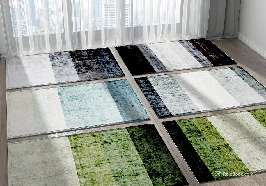 Color Gradient Square Rugs In Bright Room With Curtains 3d model 