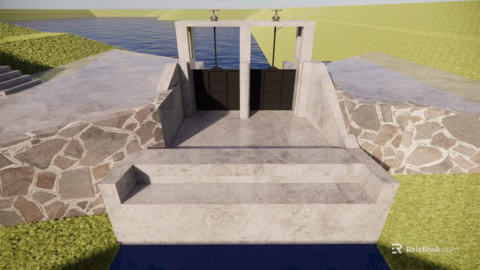 Concrete Sluice Gate Structure With Stone Masonry And Grassland Near Water 3d model 