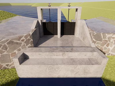 Concrete Sluice Gate Structure With Stone Masonry And Grassland Near Water 3d model