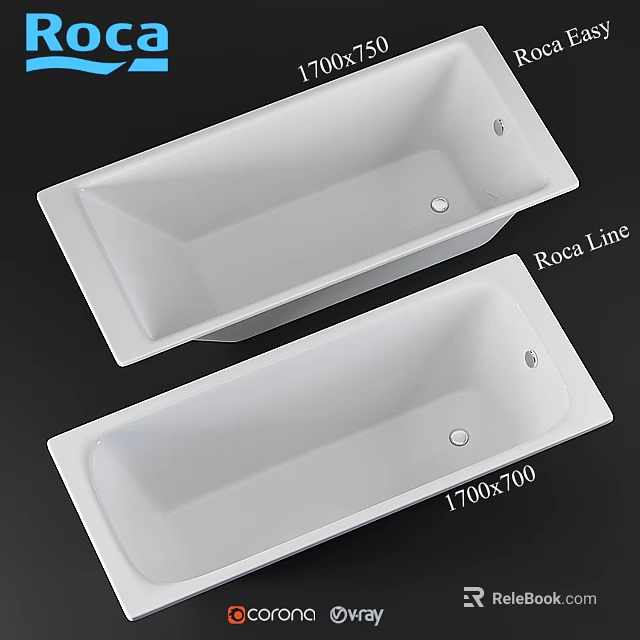 Roca Line Modern Rectangular White Bathtubs With 1700x700 Dimensions 3d model 