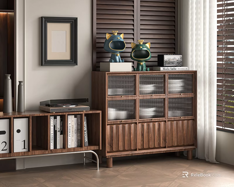 Modern Walnut Wood Sideboard With Glass Door Cabinets Decorative Figurines And Adjacent Bookshelf 3d model 