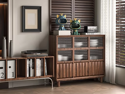 Modern Walnut Wood Sideboard With Glass Door Cabinets Decorative Figurines And Adjacent Bookshelf 3d model