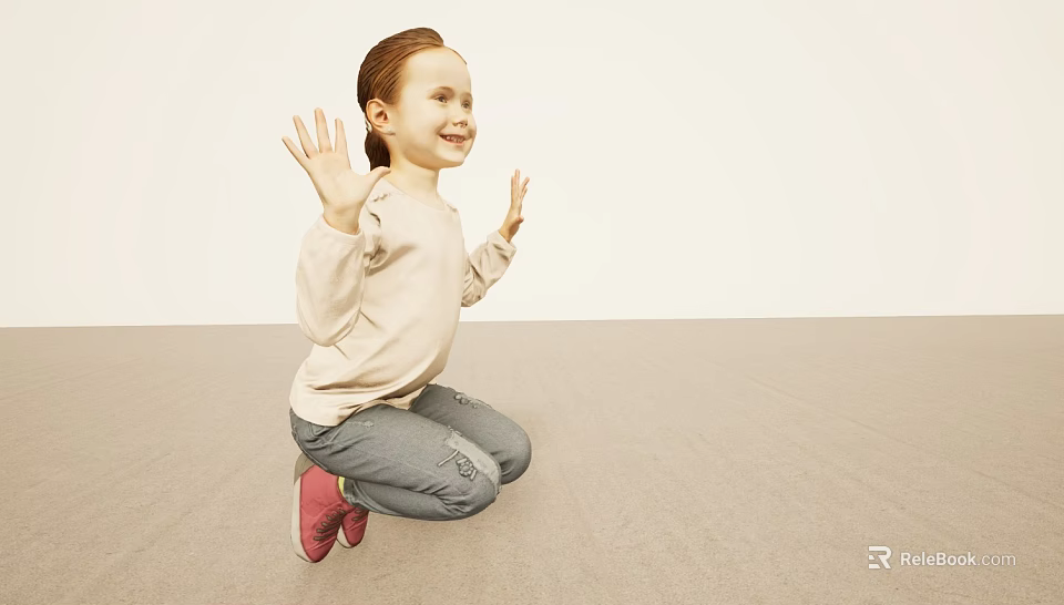Little Girl With Reddish Brown Hair Waving Hands Kneeling On Light Floor Smiling 3d model 