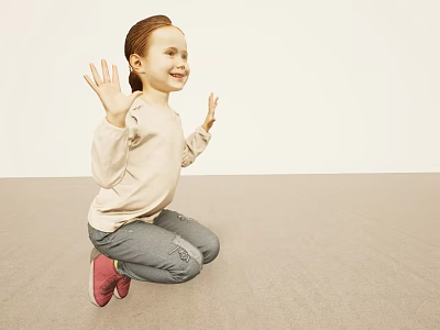 Little Girl With Reddish Brown Hair Waving Hands Kneeling On Light Floor Smiling 3d model