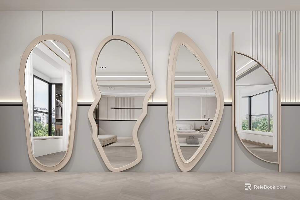 Modern Decorative Mirrors With Various Shapes And Wall Mounted Interior Reflections 3d model 