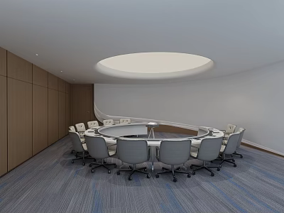 Modern Meeting Room With Round Conference Table Comfortable Chairs And Circular Ceiling Light 3d model