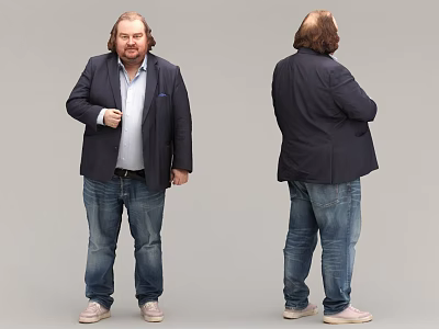 Man In Dark Blazer Light Blue Shirt Jeans Light Shoes Front Back Views Gray Background 3d model